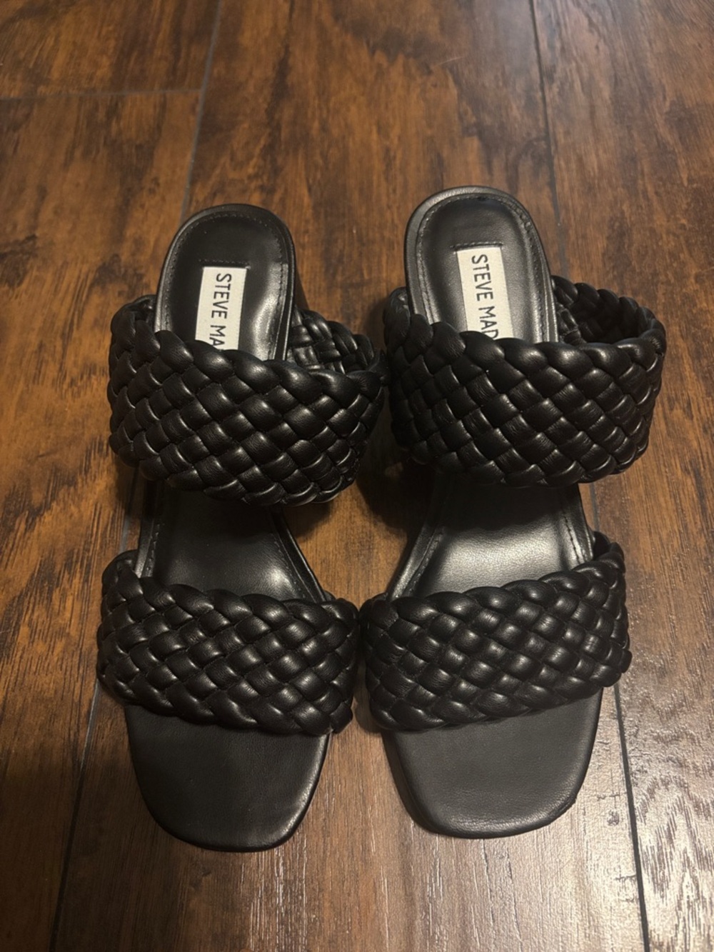 Women’s Steve Madden Black Braided Double-Strap Slide Sandals Block Heel Size 7